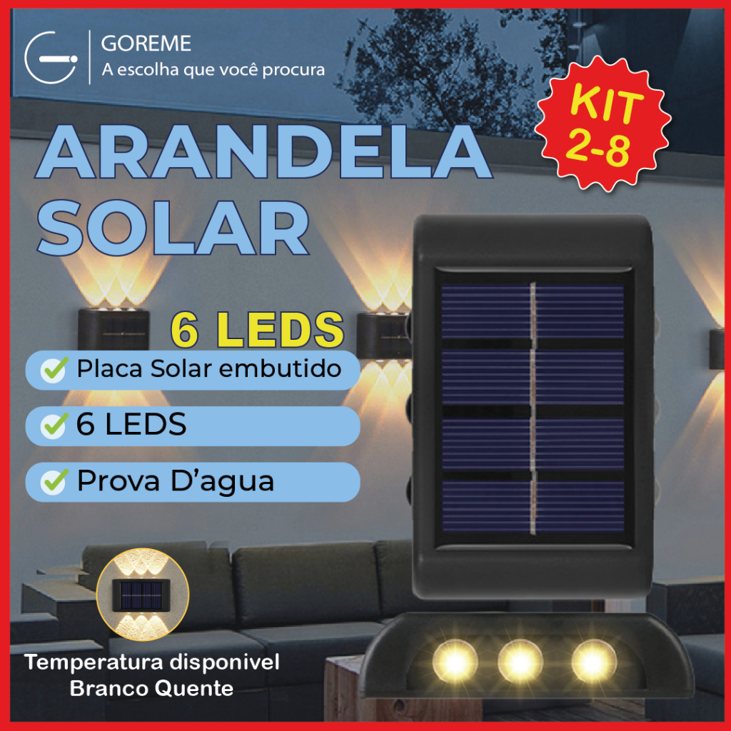 Kit 8 Luminária Arandela Solar 6 LED Luz Branco Quente para Parede a
