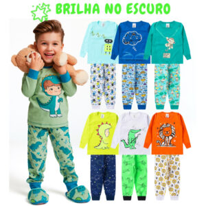 Kit 8 Peças Pijama Brilha no Escuro Infantil Menino Inverno Roupa