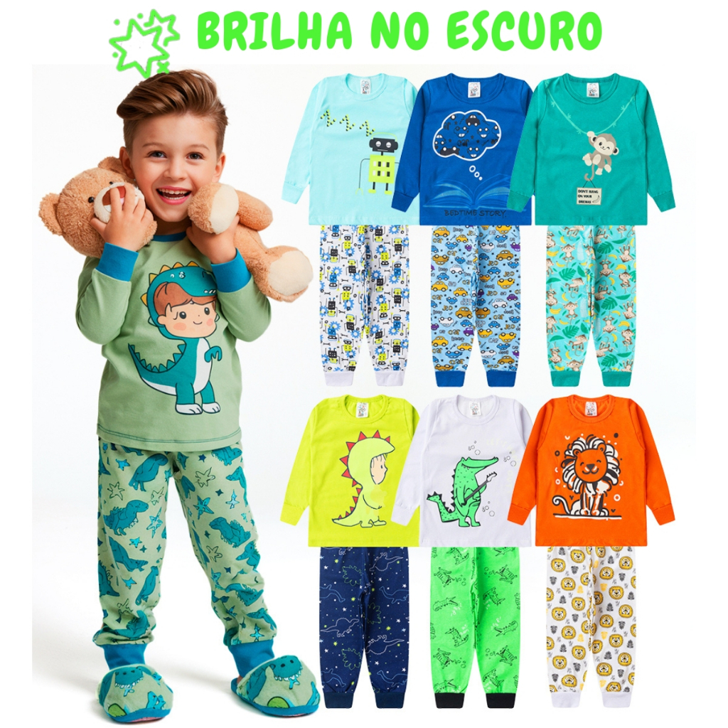 Kit 8 Peças Pijama Brilha no Escuro Infantil Menino Inverno Roupa