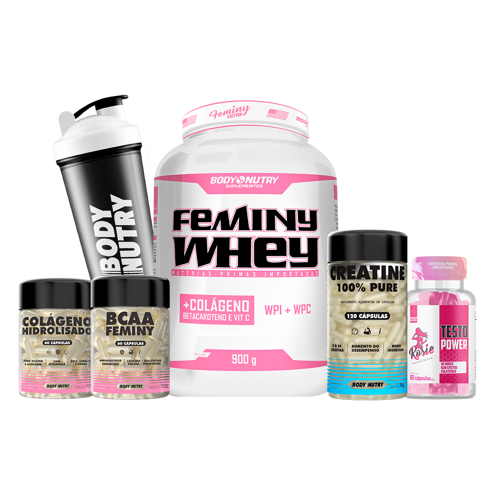 Kit Academia Feminino Whey Protein Creatina Colágeno, Bcaa e Testo