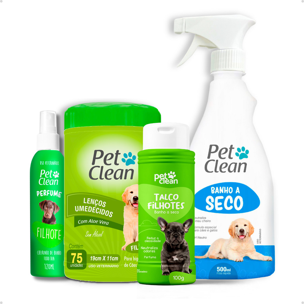 Kit Banho a Seco 500ml Pet Clean Talco 100g Lenço Umedecido 75un