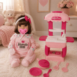 Kit Boneca Bebê Mamãe Reborn 45cm Mini Cozinha
