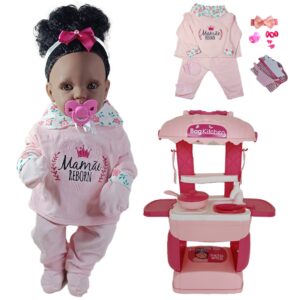 Kit Boneca Negra Bebê Mamãe Reborn 45cm Mini Cozinha 45cm!