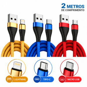 Kit Cabos 2 Metros Tipo C V8 Lightning iPhone Carga Rápida — Celulares e Acessórios