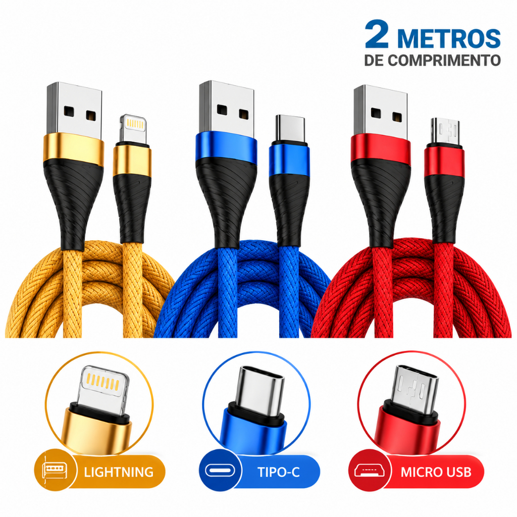 Kit Cabos 2 Metros Tipo C V8 Lightning iPhone Carga Rápida — Celulares e Acessórios