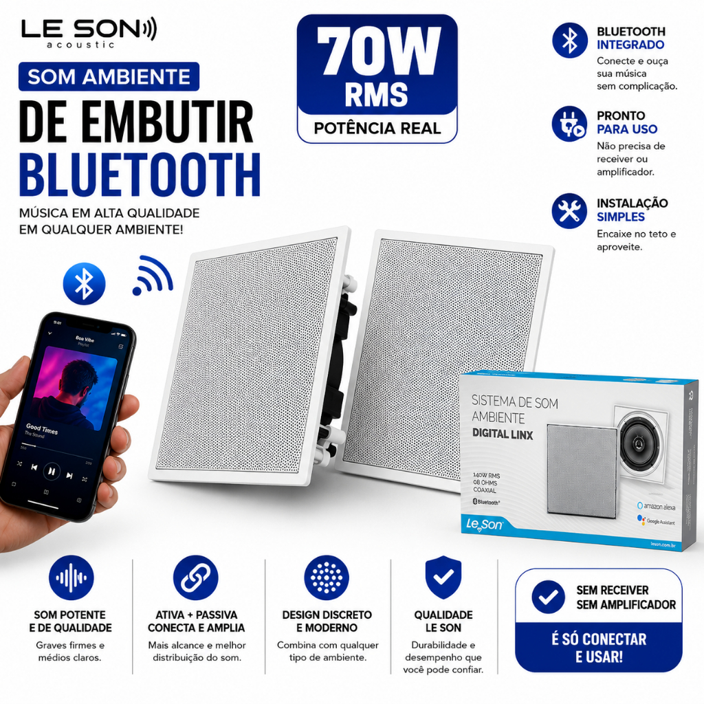 Kit Caixa de Som Bluetooth Embutir Teto Gesso 70W Rms Som Ambiente — Áudio e Fones