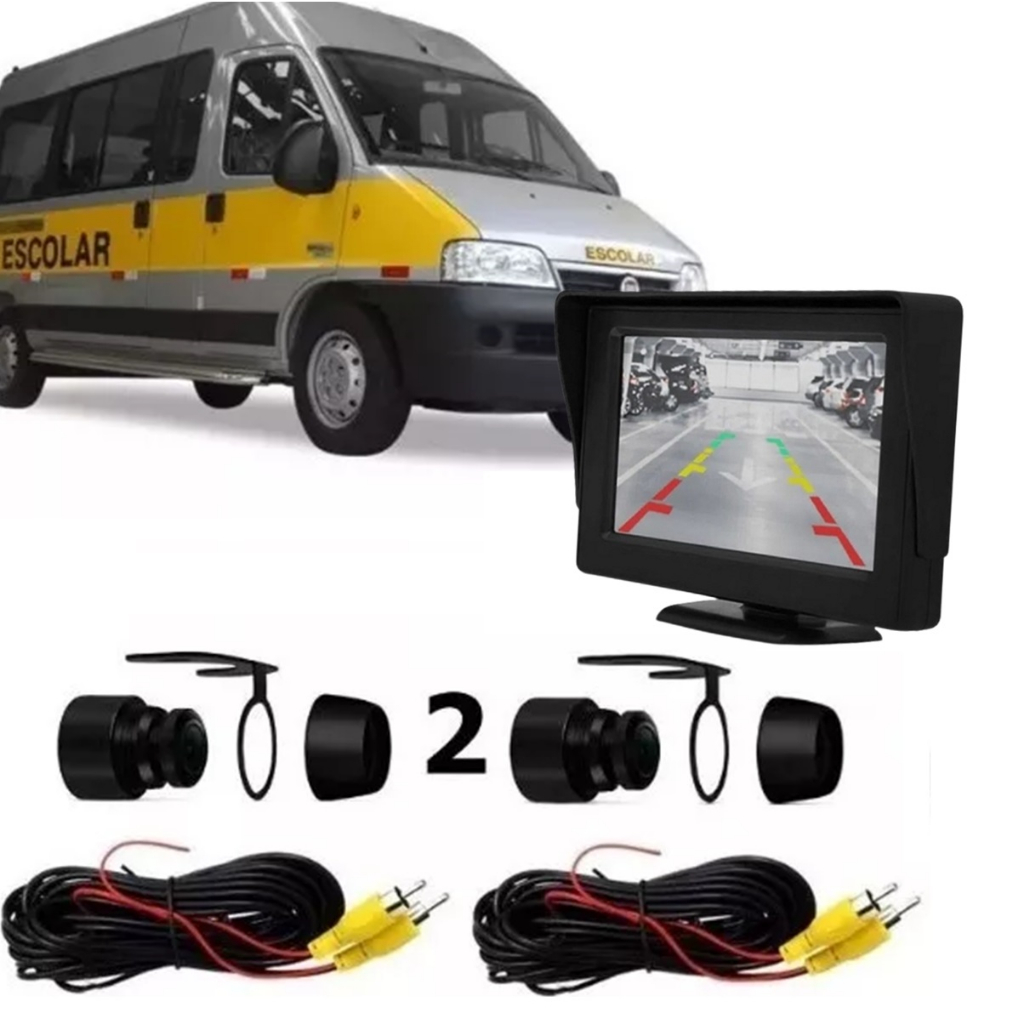 Kit Câmera Frontal Ré Van Escolar Retrovisor Monitor LCD 4.3