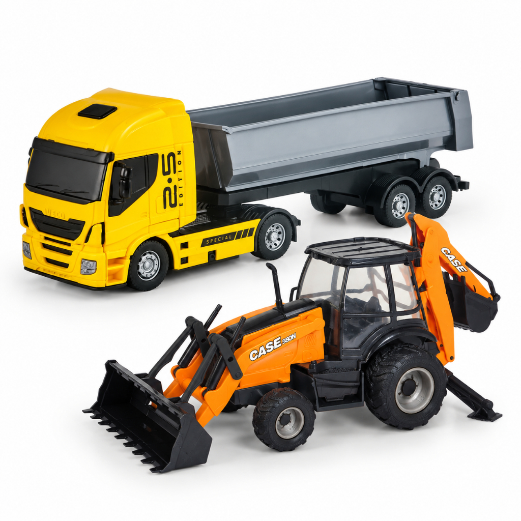 Kit Caminhão Brinquedo Miniatura Trator Retroescavadeira