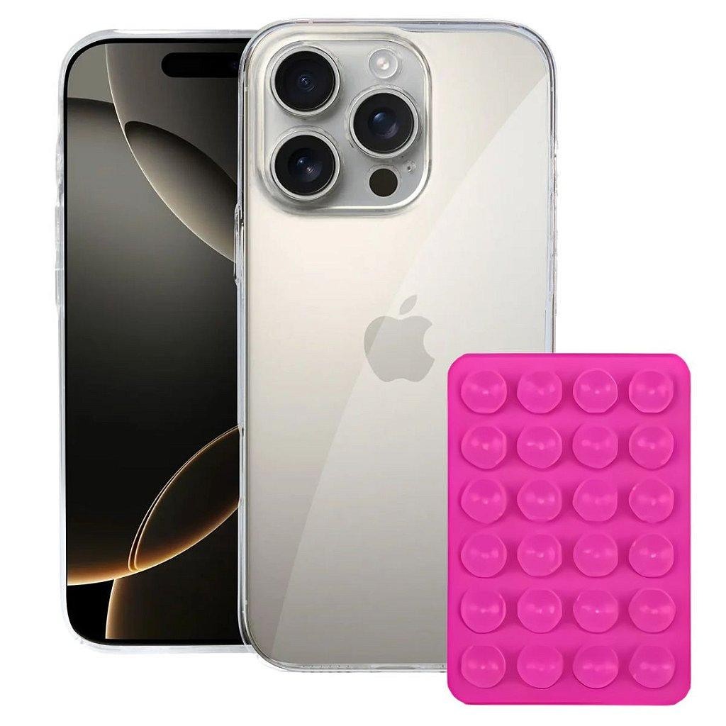 Kit Capa case capinha Crystal Slim para Iphone 16 Pro Ventosa Rosa