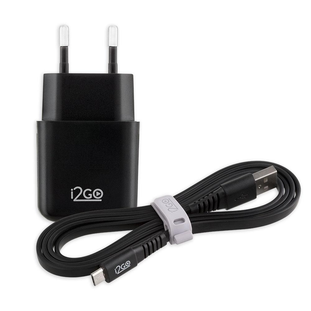 Kit Carregador De Parede Rápido Cabo Flat i2GO Rápido 1,2m 2,4a Preto