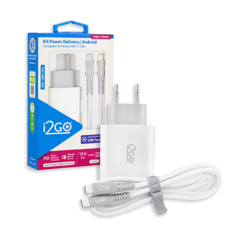 Kit Carregador de Parede Turbo 20w 1 Saída Cabo i2GO 1,5m 3A Branco