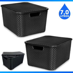 Kit Com 2 Cesto Caixa Organizadora Rattan Com Tampa 7 Litros Preto