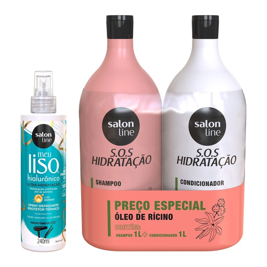 Kit com Shampoo e Condicionador Litrão Sos Hidratação Spray Protetor