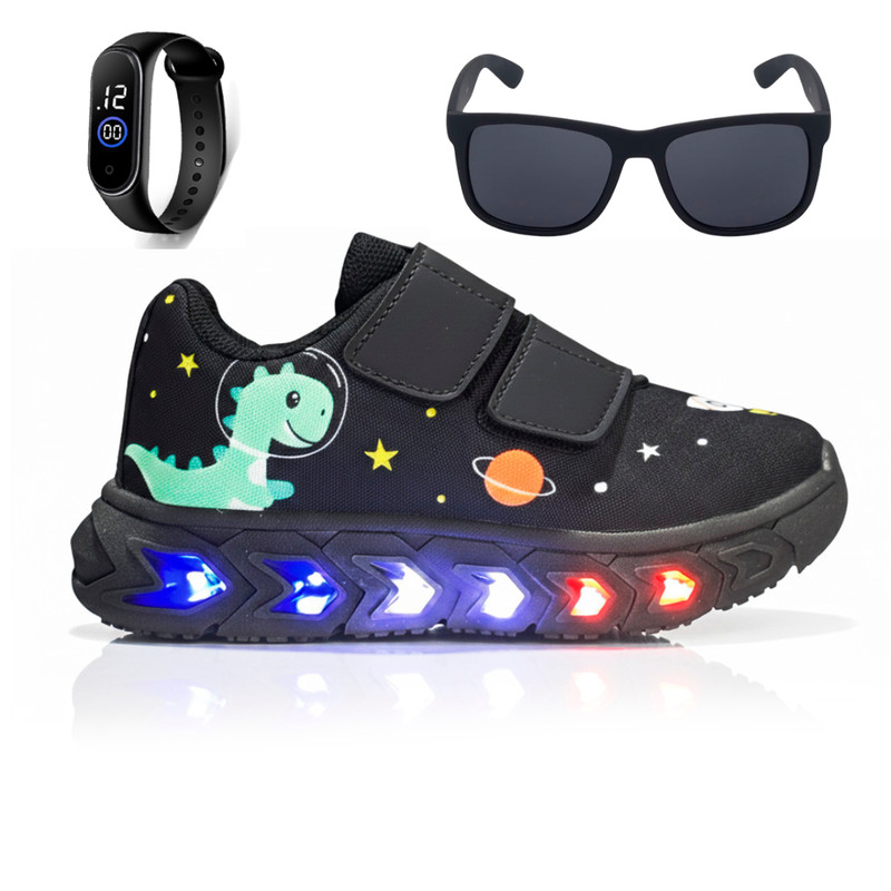 Kit com Tênis de Led para Meninos Confortável Casual Leve Óculos — Relógios e Óculos