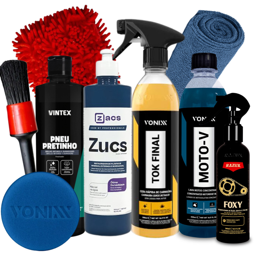 Kit Completo Para Lavagem de Moto Shampoo Moto-V Cera Tok Final Pneu