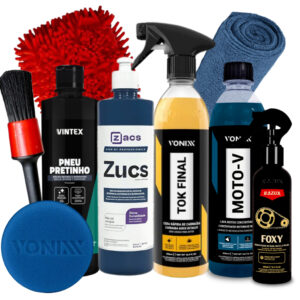 Kit Completo Para Lavagem de Moto Shampoo Moto-V Cera Tok Final Pneu