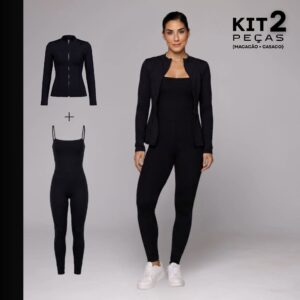 Kit Corrida Academia Macacão Fitness Esportivo Costas Abertas Casaco