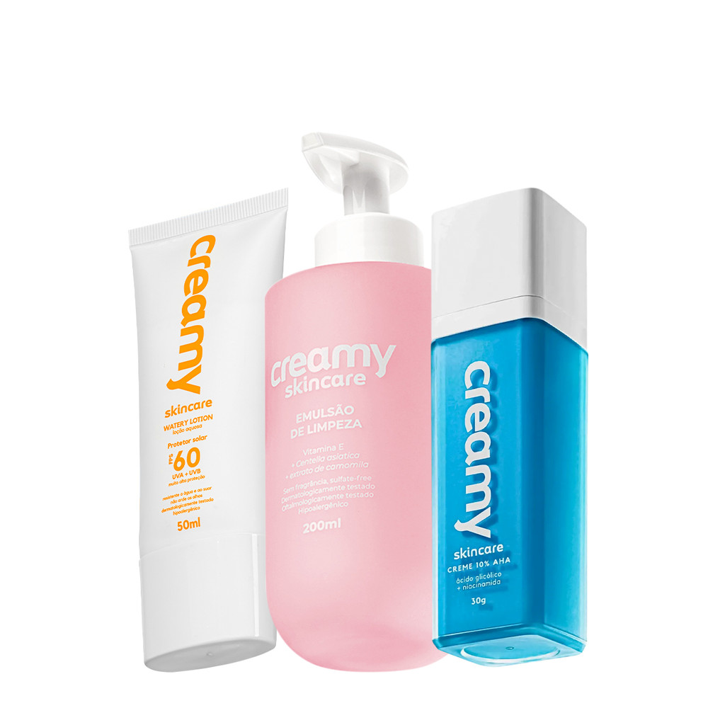 Kit Creamy Skincare Emulsão de Limpeza Glicólico Protetor Solar