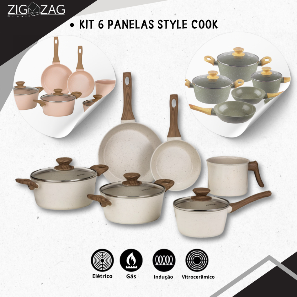 Kit de 06 Peças, Panelas Style Cook de Cerâmica Antiaderente Para