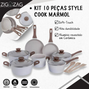 Kit de 10 Peças, Panelas Style Cook Marmol de Cerâmica Antiaderente