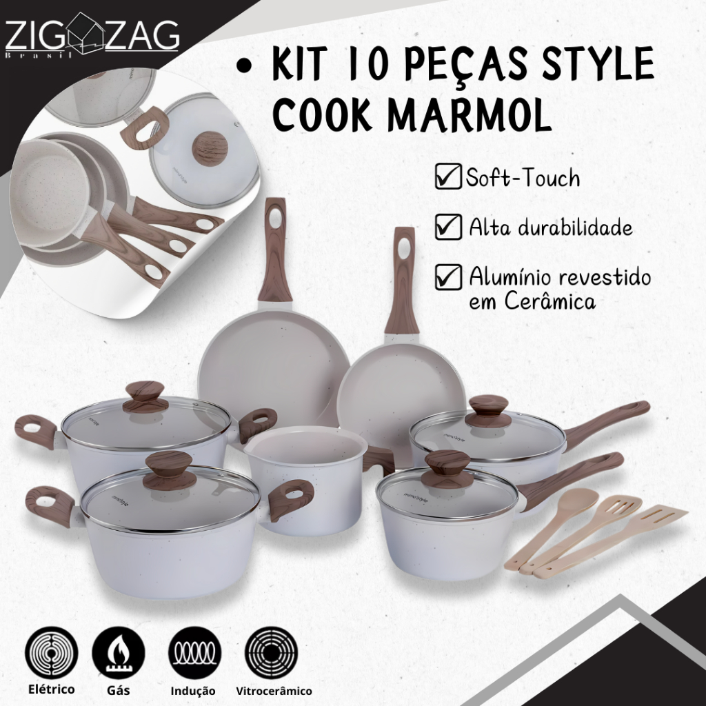 Kit de 10 Peças, Panelas Style Cook Marmol de Cerâmica Antiaderente