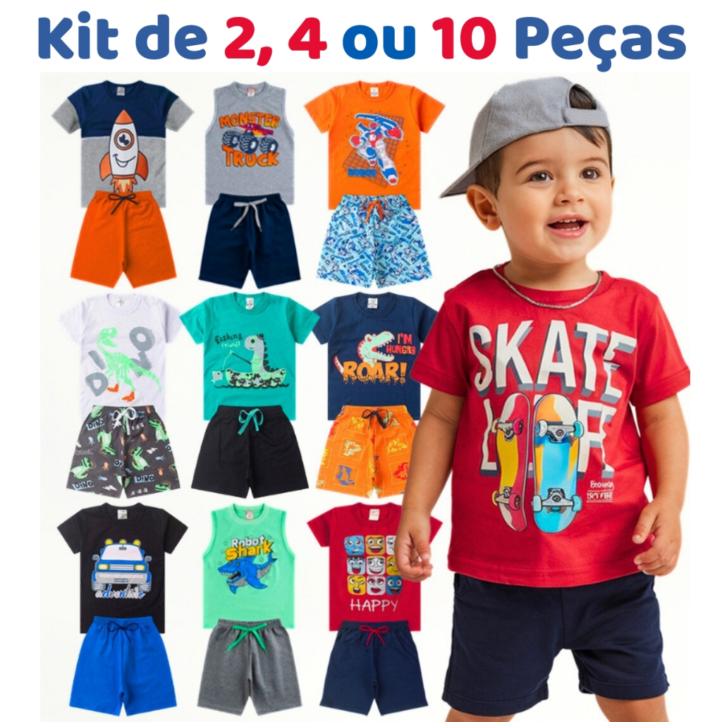 Kit de 2, 4 ou 10 Peças de Roupa Infantil Menino Verão Conjunto