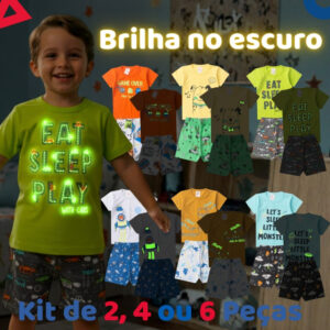 Kit de 2, 4 ou 6 Peças Pijama Infantil Brilha no Escuro Menino Verão