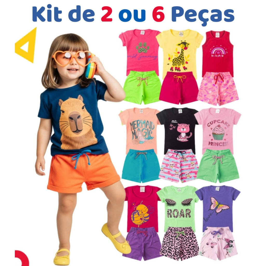 Kit de 2 ou 6 Peças de Roupa Infantil Menina Verão Conjunto Feminino