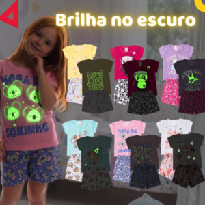 Kit de 4, 8 ou 12 Peças Brilha no Escuro Pijama Infantil Menina Verão