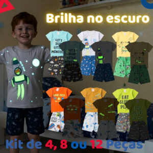 Kit de 4, 8 ou 12 Peças Pijama Brilha no Escuro Infantil Menino Verão