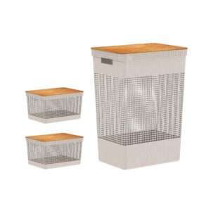 Kit de cestos organizadores com tampa de bambu Ou 3 peças Linha Grid