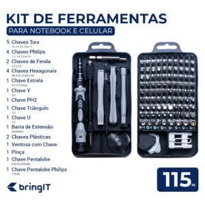 Kit de Ferramentas de 115 Peças para Notebook, Celular, Tablet e PC