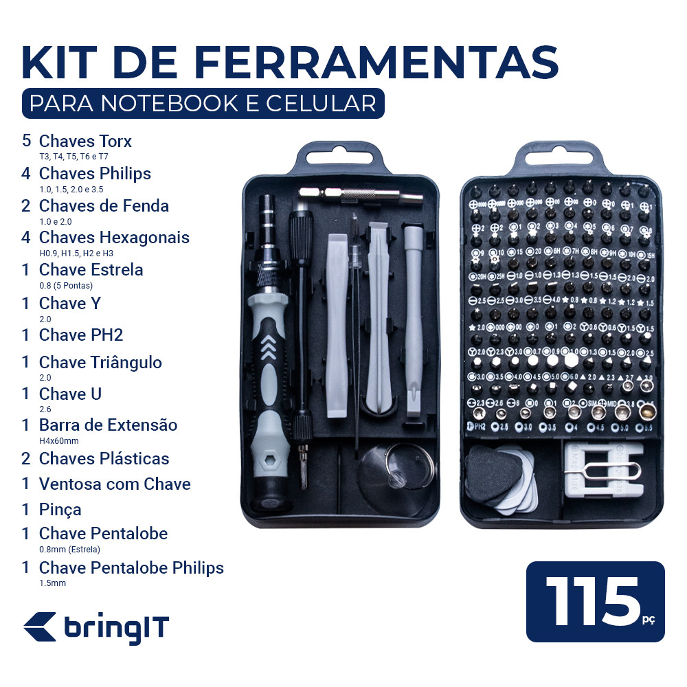 Kit de Ferramentas de 115 Peças para Notebook, Celular, Tablet e PC — Informática
