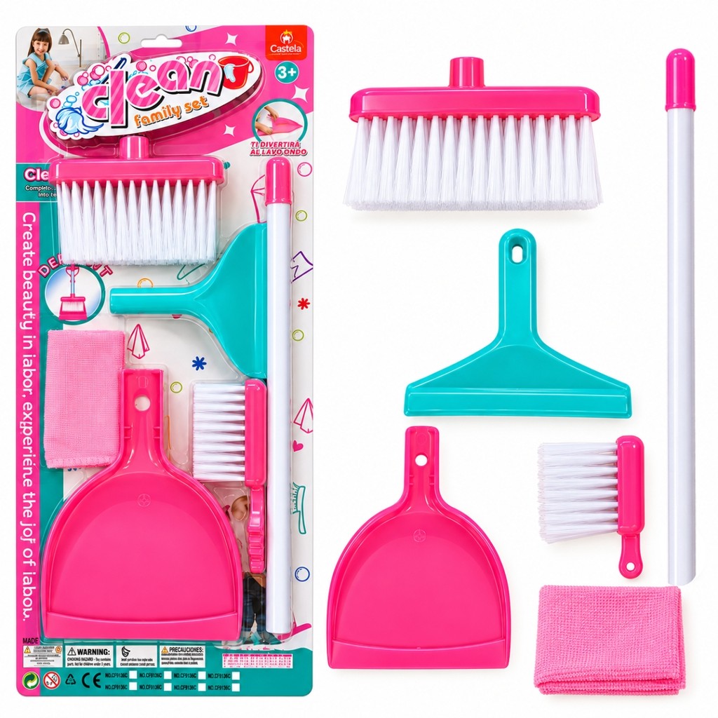 Kit De Limpeza Infantil cor Rosa com 6 Acessórios Brinquedo Faz de