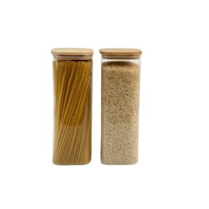 Kit de Pote Hermético de Vidro Quadrado com Tampa de Bambu 2 Peças