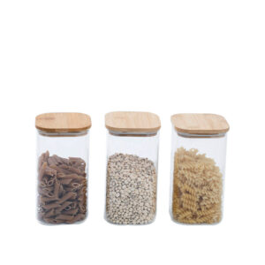 Kit de Pote Hermético de Vidro Quadrado com Tampa de Bambu 3 Peças