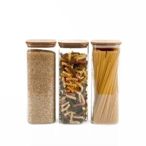 Kit de Pote Hermético de Vidro Quadrado com Tampa de Bambu 3 Peças