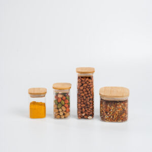 Kit de Pote Hermético de Vidro Quadrado com Tampa de Bambu 4 Peças — Cozinha e Utensílios