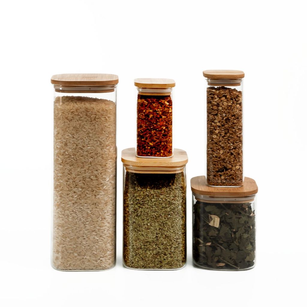 Kit de Pote Hermético de Vidro Quadrado com Tampa de Bambu 5 Peças