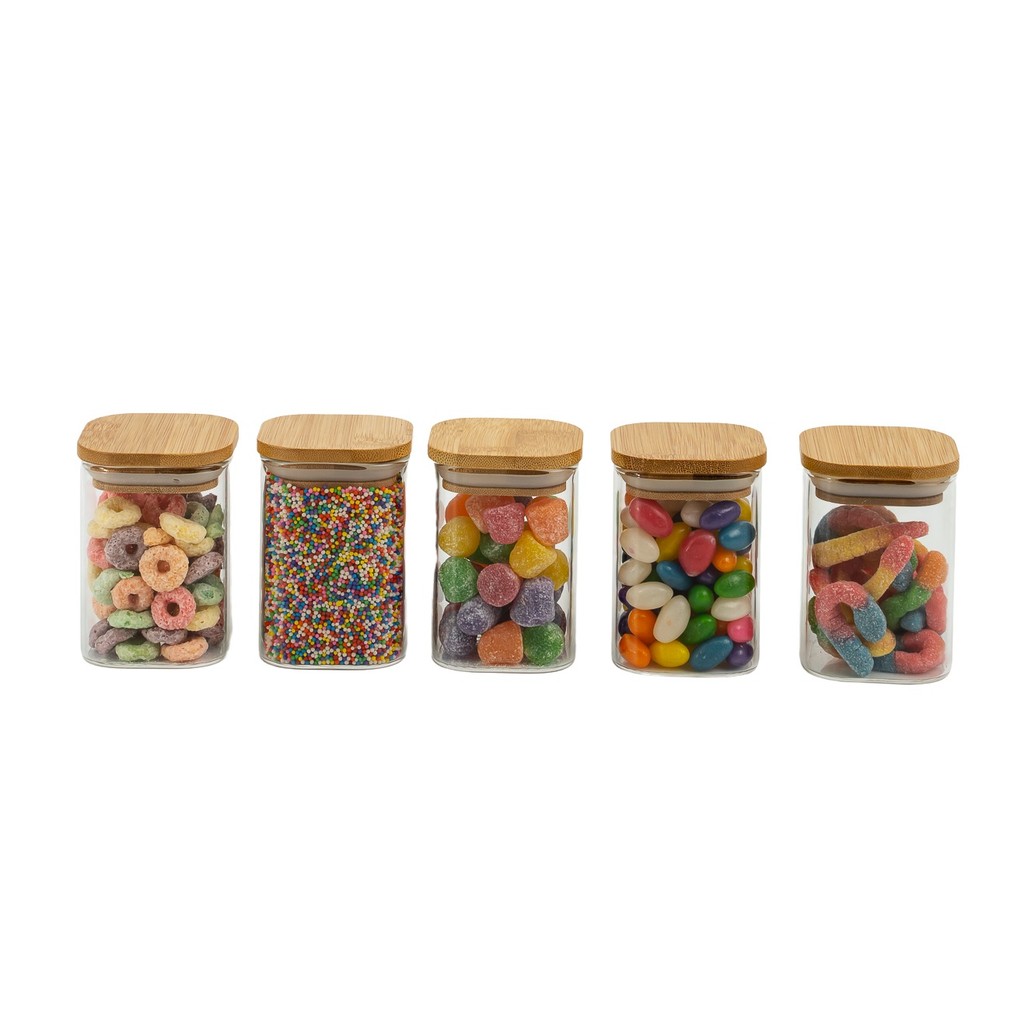 Kit de Pote Hermético de Vidro Quadrado com Tampa de Bambu 5 Peças