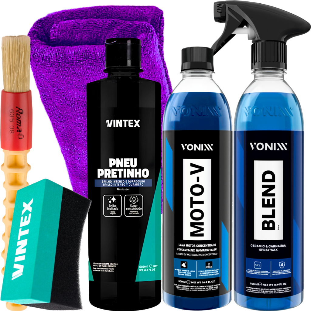 Kit Desengraxante Moto-V Shampoo Cera Blend Spray Pneu Pretinho 500ml