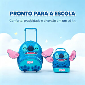 Kit Escolar Stitch Pré-Escolar Mochila Rodinha Lancheira Pelúcia