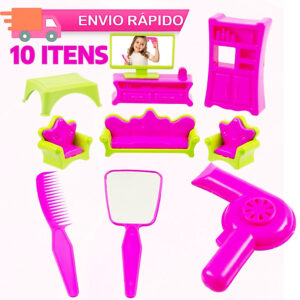 Kit Estilo Barbie: Secador, Espelho, Pente, Jogo de Poltrona, Kit