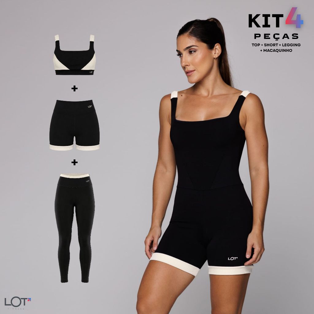 Kit Feminino Academia Macaquinho Top Legging Short Recorte