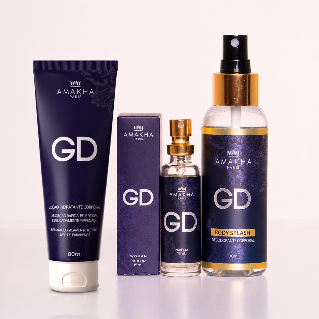 Kit Feminino GD: Perfume 15ml Body Splash Hidratante Amakha Paris