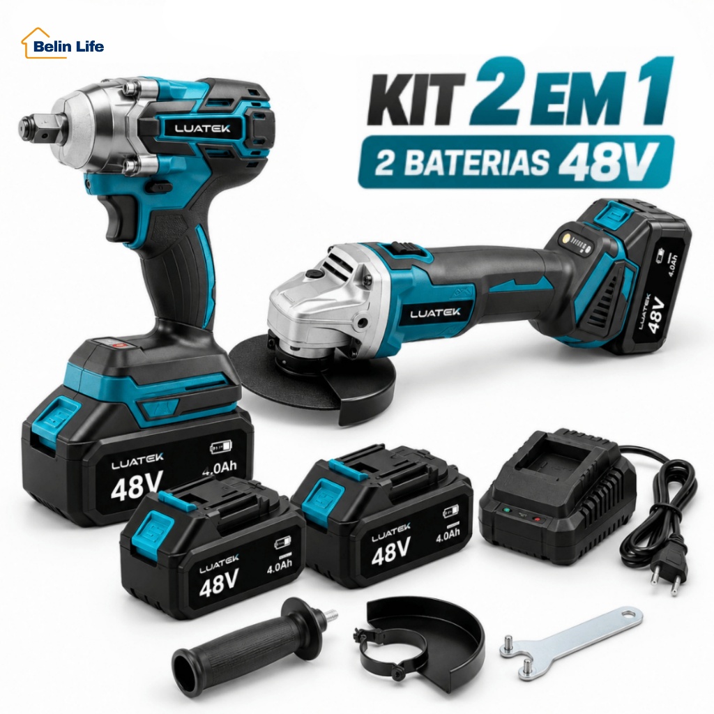 Kit Ferramentas 48V Chave de Impacto e Esmerilhadeira 800W 2 Baterias