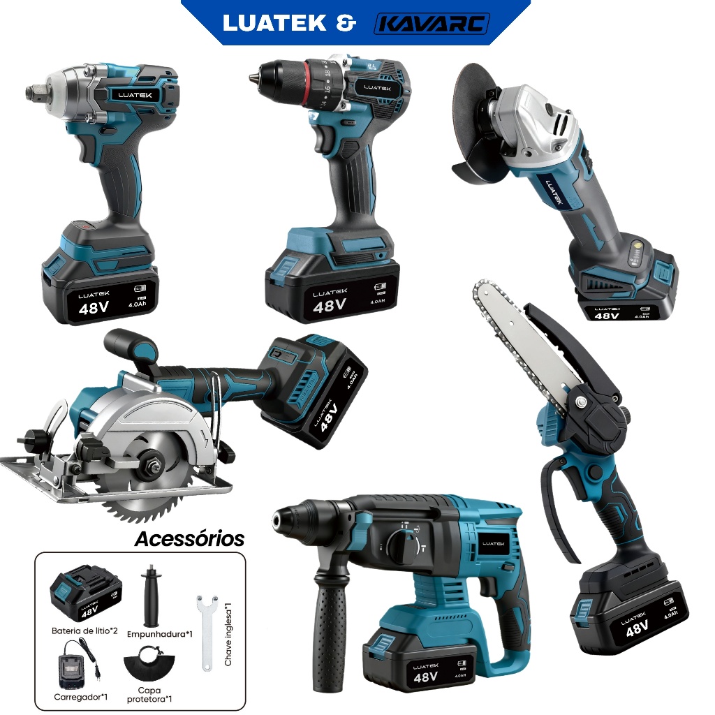 Kit Ferramentas 6 Em 1 48V Brushless Furadeira Impacto Martelete