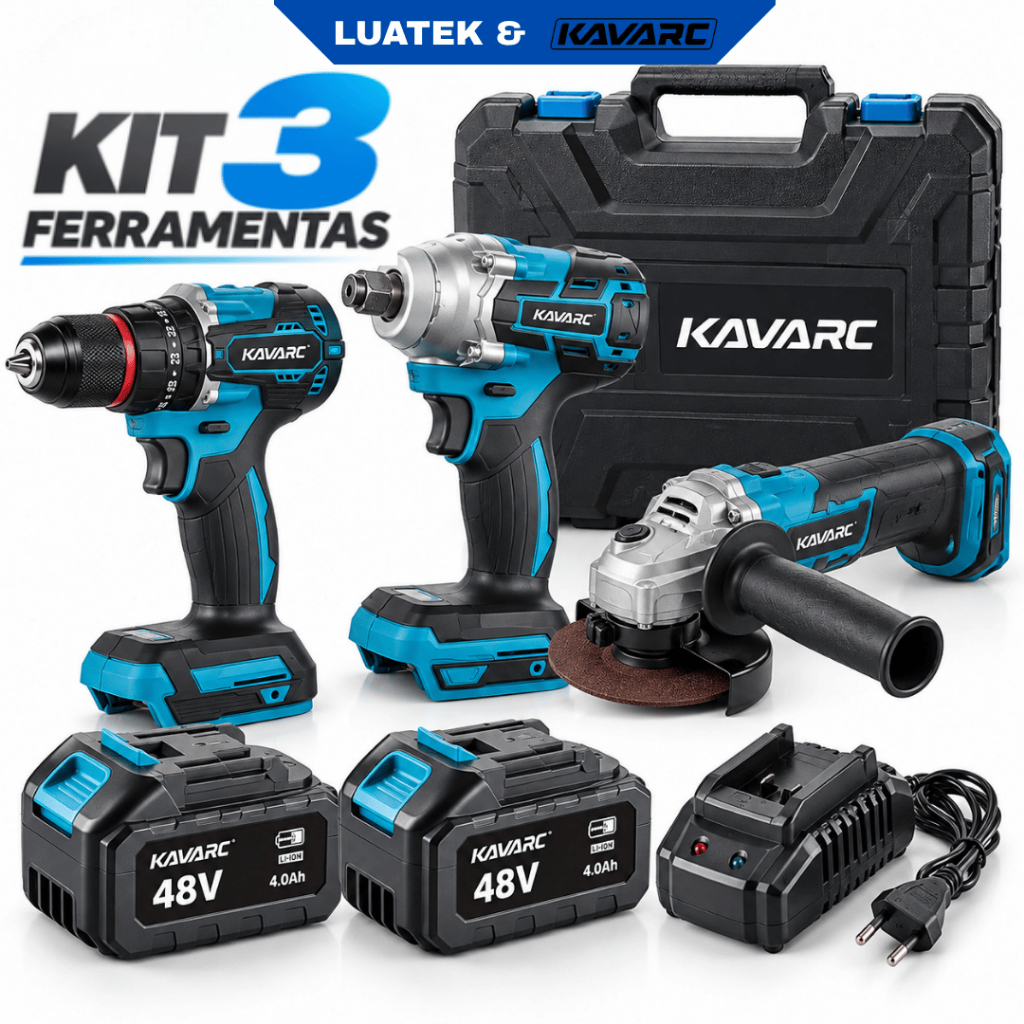 Kit Ferramentas Sem Fio Profissional 3 em 1 Parafusadeira Impacto