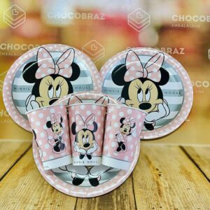 Kit Festa Minnie Mouse Rosa 8 Pratos 8 Copos Descartável 180 Ml Papel