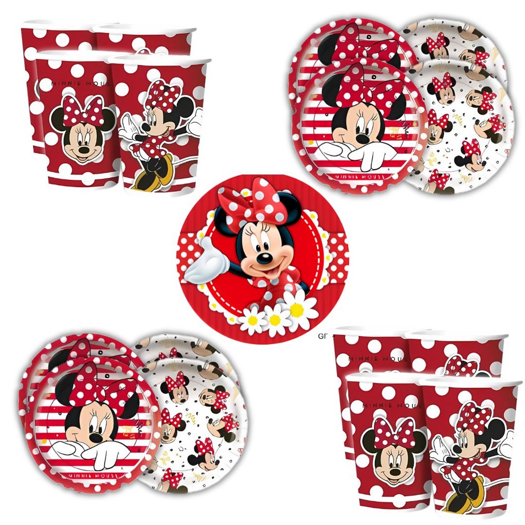 Kit Festa Minnie Mouse Vermelho 16 Pratos 16 Copos Descartável 180 Ml